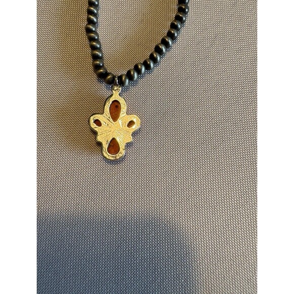 Handmade Silver Tone Beaded Necklace Teardrop Floral Pendant Adjustable Red - Picture 3 of 4